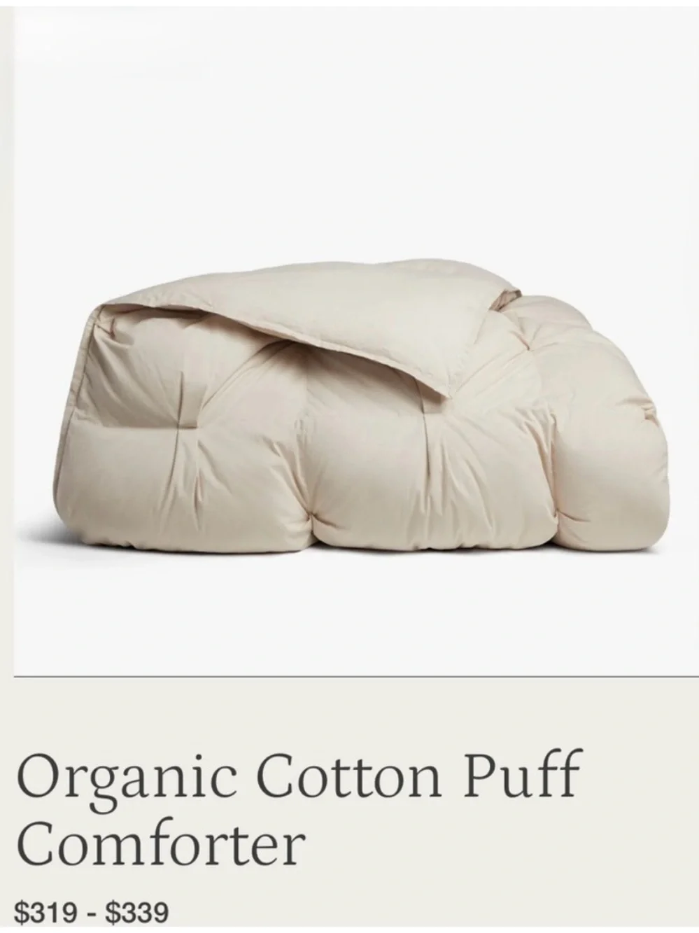 PARACHUTE Organic Cotton Puff Comforter $339 LIKE NEW BONE Full / Queen